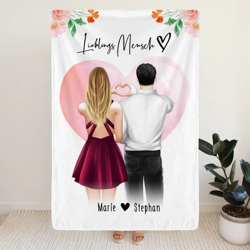 Personalisierte Decke mit Paar (stehend) - Herz mit Händen - Pärchen Decke