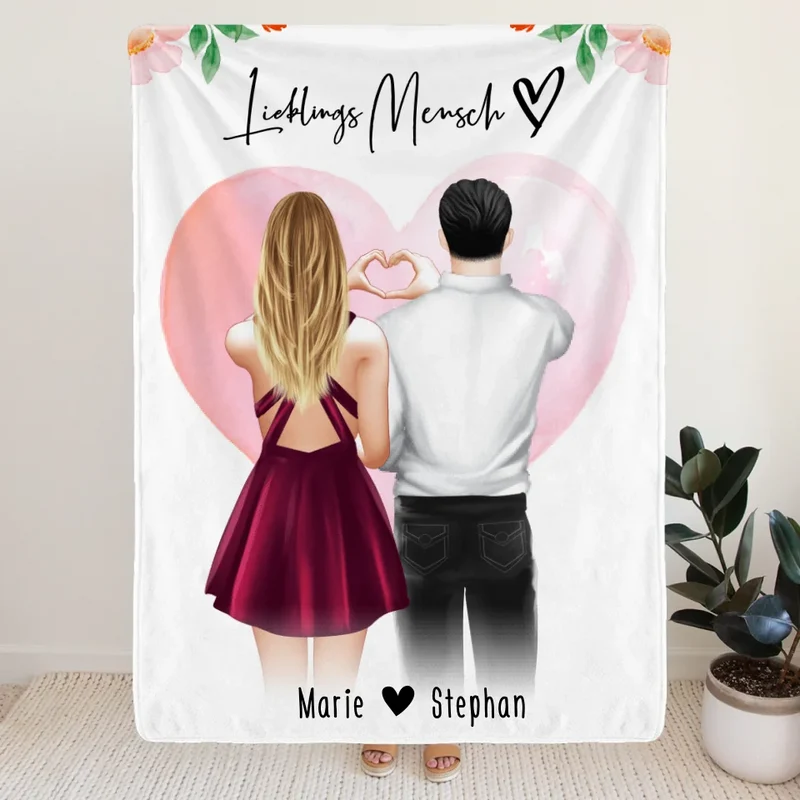 Personalisierte Decke mit Paar (stehend) - Herz mit Händen - Pärchen Decke