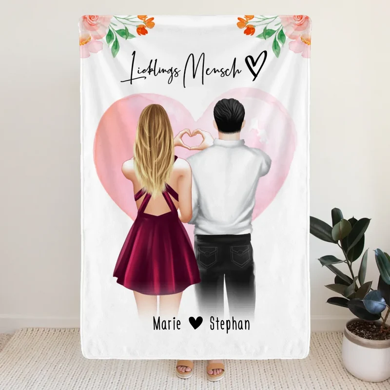 Personalisierte Decke mit Paar (stehend) - Herz mit Händen - Pärchen Decke