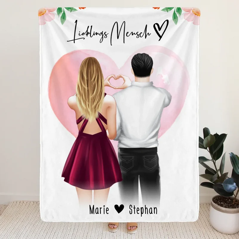 Personalisierte Decke mit Paar (stehend) - Herz mit Händen - Pärchen Decke