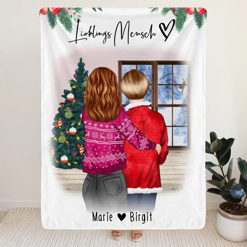 Personalisierte Decke - Mutter/Mama + Tochter (stehend) - Weihnachtsdecke