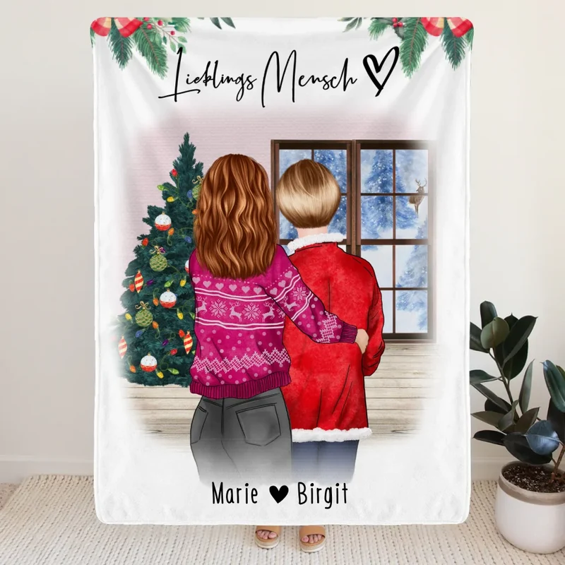Personalisierte Decke - Mutter/Mama + Tochter (stehend) - Weihnachtsdecke