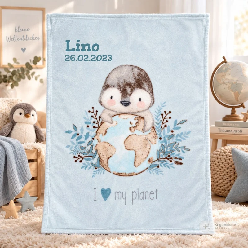 Pinguin Kinderdecke mit Namen bestickt 75x100cm