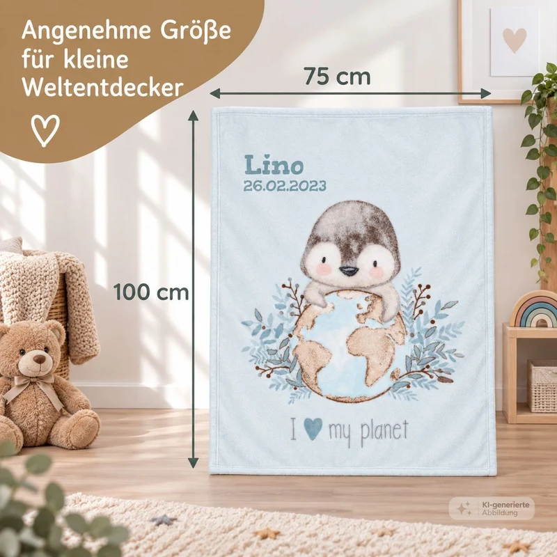 Pinguin Kinderdecke mit Namen bestickt 75x100cm