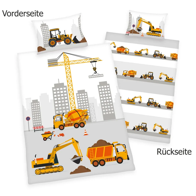 Kinderbettwäsche Baustelle Fahrzeuge mit Namen bestickt 100x135cm