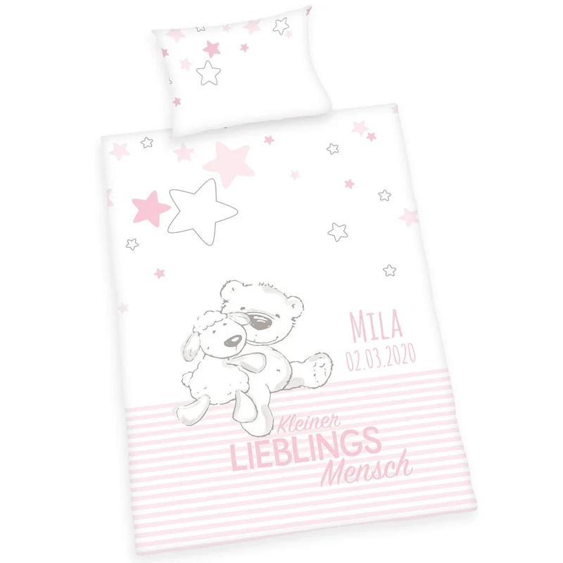 Rosa Lieblingsmensch Babybettwäsche mit Namen bestickt