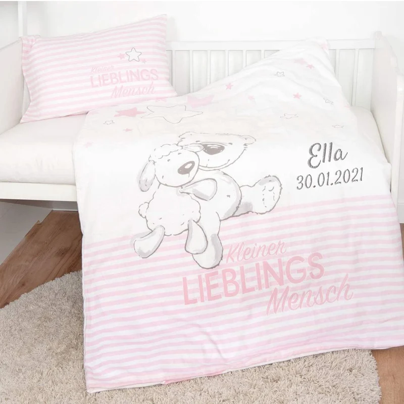 Rosa Lieblingsmensch Babybettwäsche mit Namen bestickt