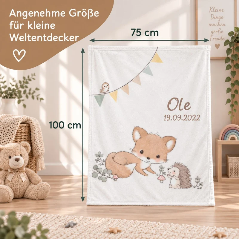 Waldfreunde Babydecke mit Namen bestickt 75x100cm