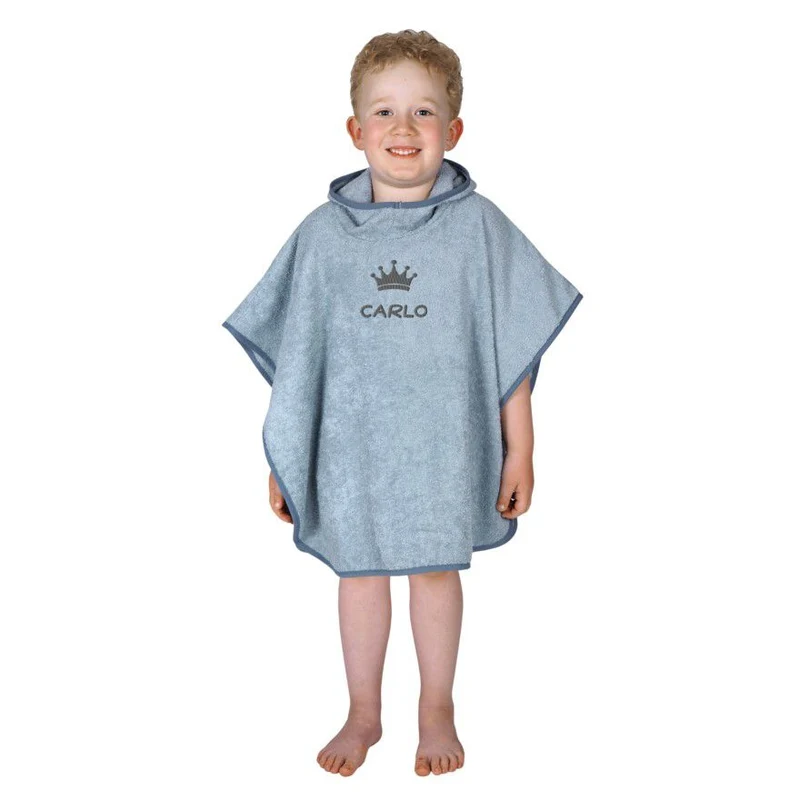 Wolimbo Kinder Badeponcho stahlblau mit Namen und Motiv bestickt