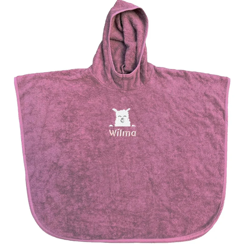 Wolimbo Kinder Badeponcho mauve mit Namen und Motiv bestickt