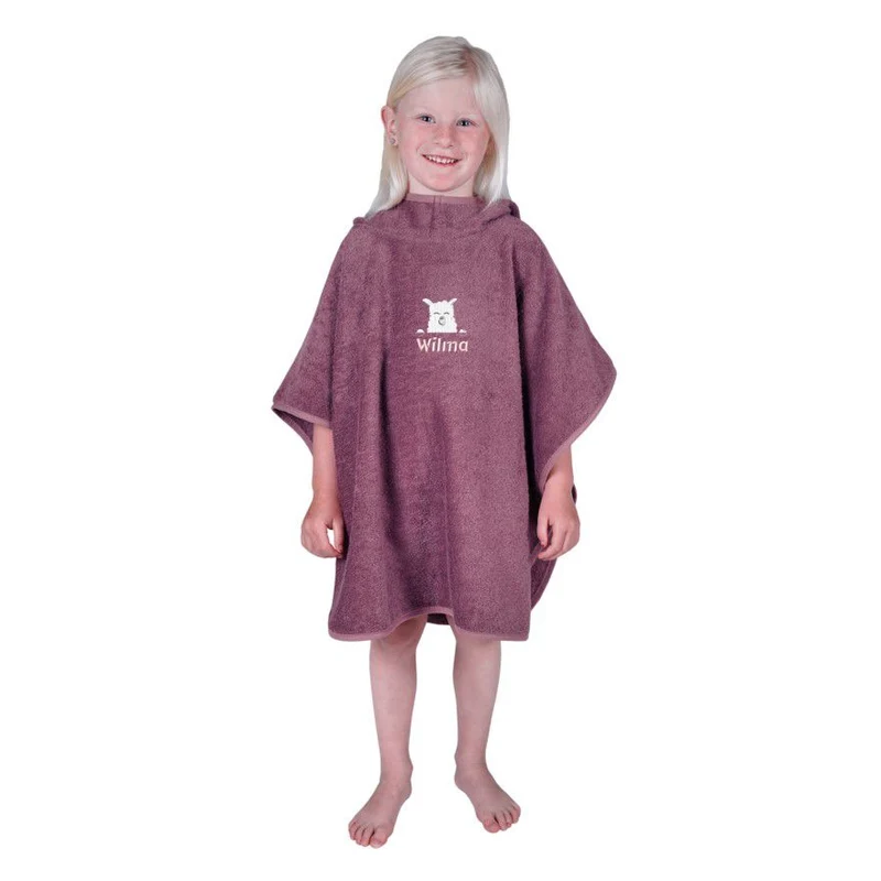 Wolimbo Kinder Badeponcho mauve mit Namen und Motiv bestickt