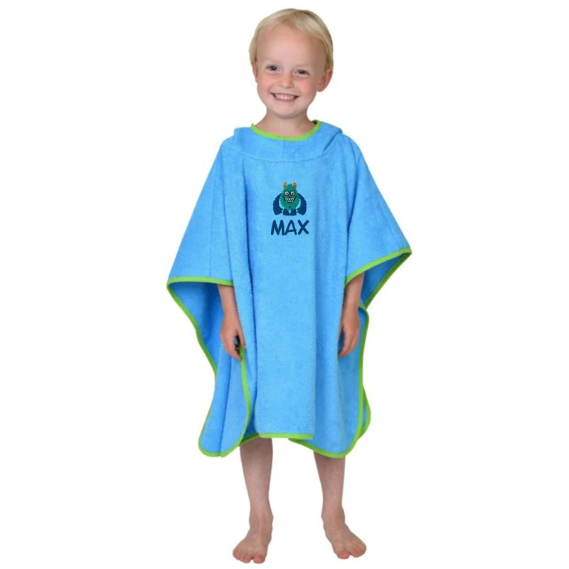 Wolimbo Kinder Badeponcho mit Namen und Motiv türkis (Rand grün)