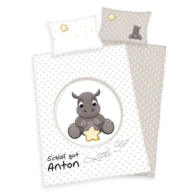 Nashorn Baby Bettwäsche mit Namen bestickt 100x135cm