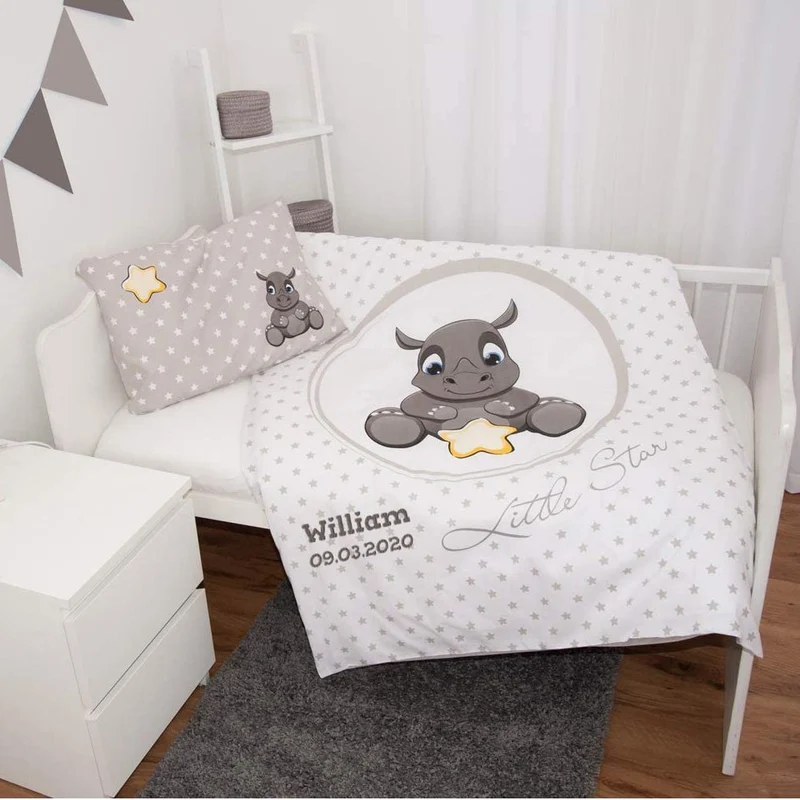 Nashorn Baby Bettwäsche mit Namen bestickt 100x135cm