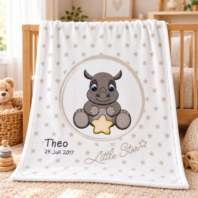 Nashorn Babydecke mit Namen bestickt 75x100cm