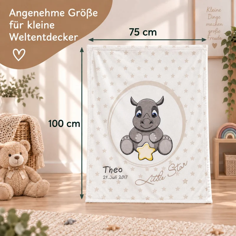 Nashorn Babydecke mit Namen bestickt 75x100cm