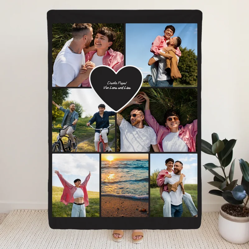 Personalisierte Decke - Papa Fotocollage mit Herz mit 7 Bildern