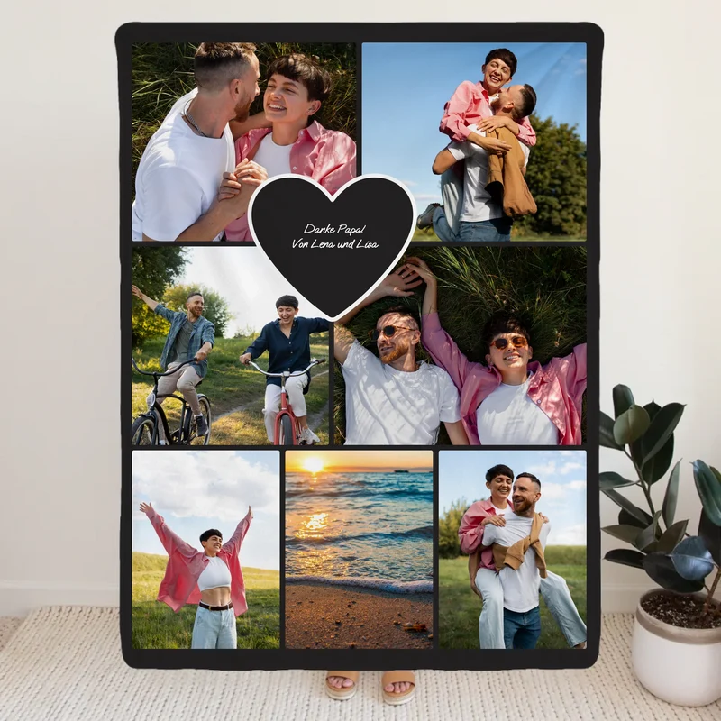 Personalisierte Decke - Papa Fotocollage mit Herz mit 7 Bildern