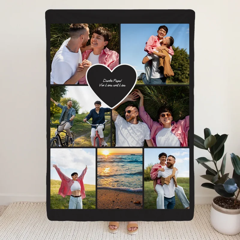 Personalisierte Decke - Papa Fotocollage mit Herz mit 7 Bildern