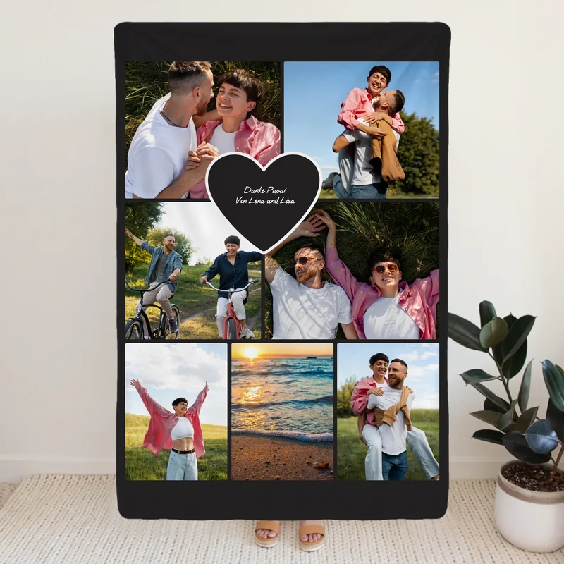 Personalisierte Decke - Papa Fotocollage mit Herz mit 7 Bildern