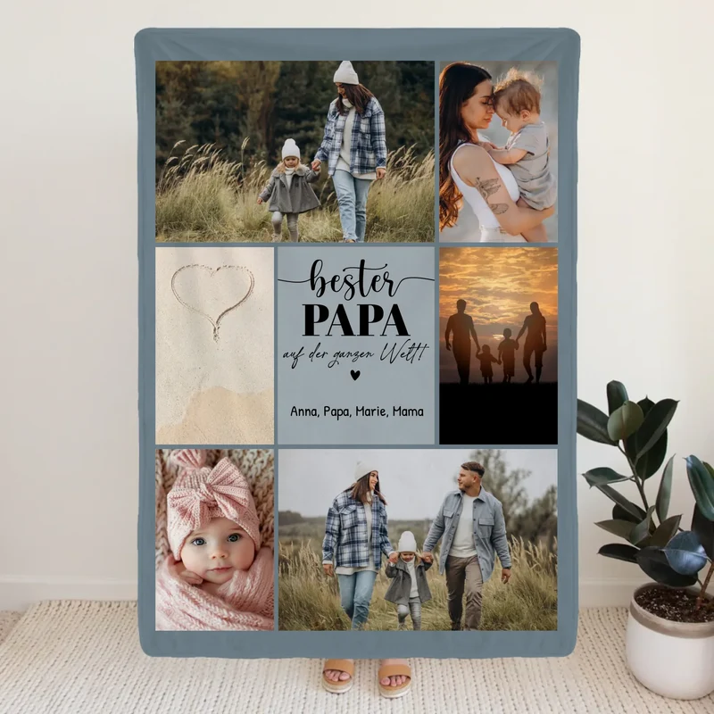 Personalisierte Decke - Bester Papa auf der ganzen Welt - Fotocollage mit 6 Bildern