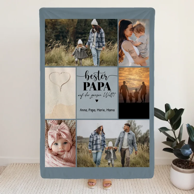Personalisierte Decke - Bester Papa auf der ganzen Welt - Fotocollage mit 6 Bildern