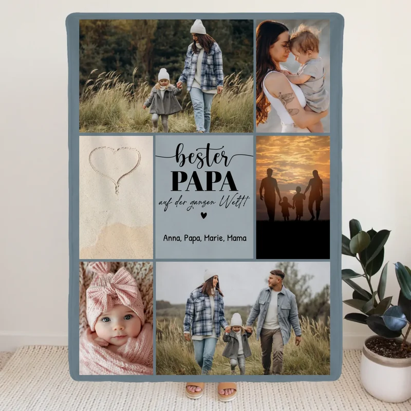 Personalisierte Decke - Bester Papa auf der ganzen Welt - Fotocollage mit 6 Bildern