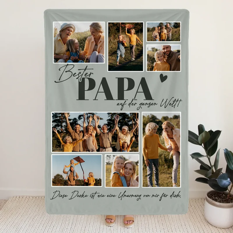 Personalisierte Decke - Bester Papa auf der ganzen Welt - Fotocollage mit 8 Bildern