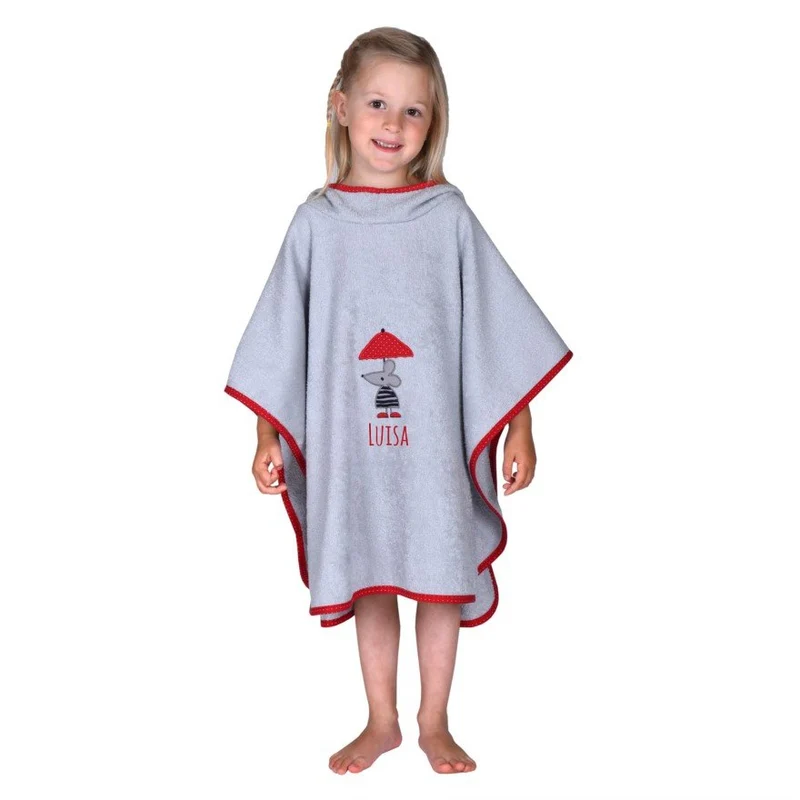 Poncho grau mit Maus und Schirm-Motiv und Name bestickt