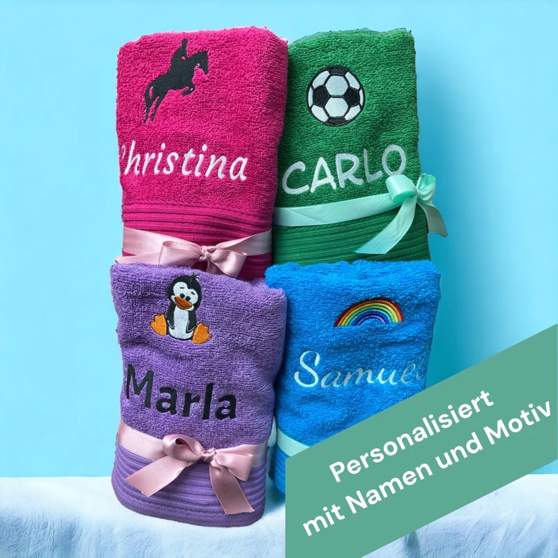 Personalisiertes Kinder Handtuch mit Namen und Motiv bestickt