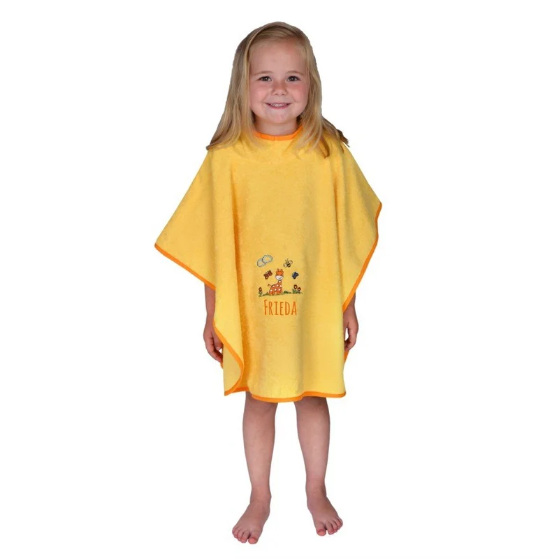 Poncho gelb mit Kapuze Giraffen-Motiv und Name bestickt