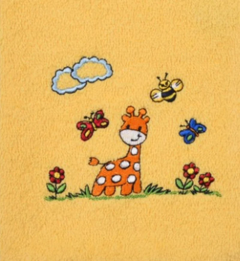 Poncho gelb mit Kapuze Giraffen-Motiv und Name bestickt