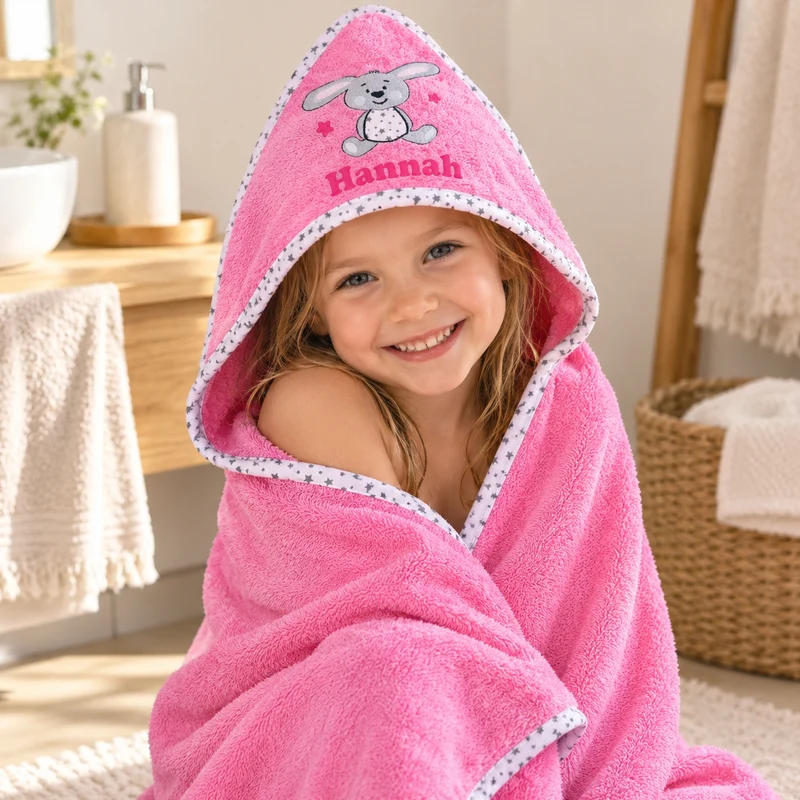 Hase Sterne Motiv Kapuzenhandtuch mit Namen pink