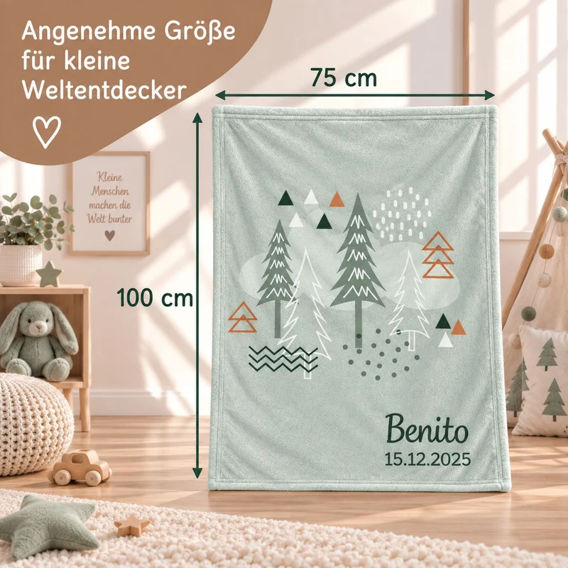 Babydecke mit Namen bestickt Motiv Nordic Forest 75x100cm