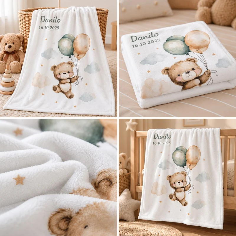 Babydecke mit Namen Motiv Teddy mit Ballon bestickt 75x100cm