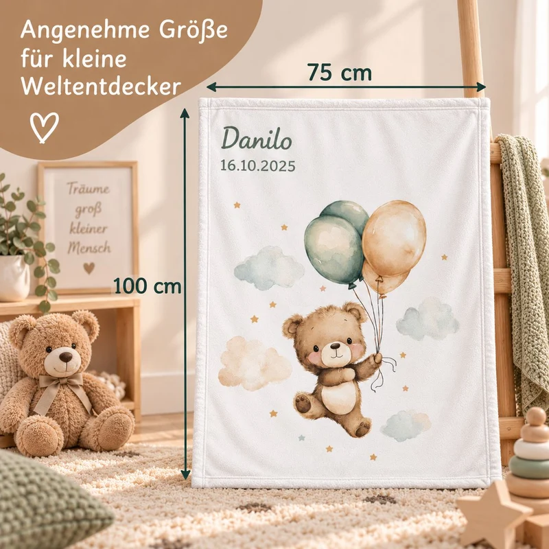 Babydecke mit Namen Motiv Teddy mit Ballon bestickt 75x100cm