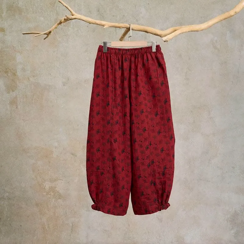 Vintage Haremshose aus Baumwolle mit Ginkgoblatt-Motiv
