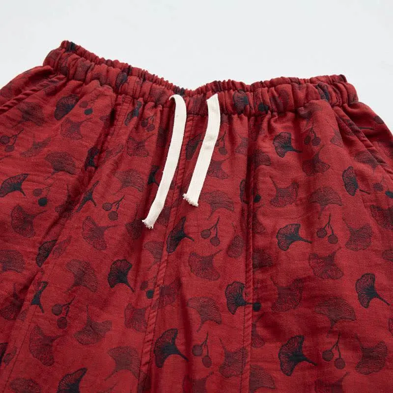 Vintage Haremshose aus Baumwolle mit Ginkgoblatt-Motiv