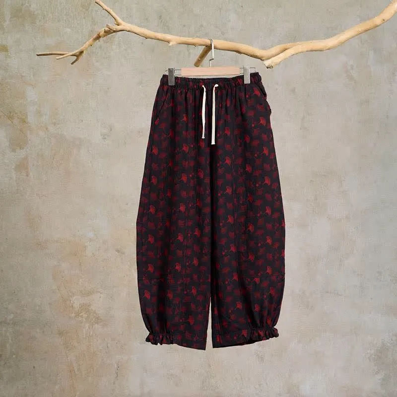 Vintage Haremshose aus Baumwolle mit Ginkgoblatt-Motiv