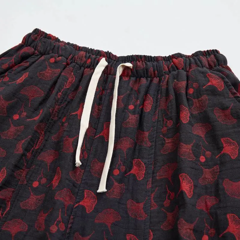 Vintage Haremshose aus Baumwolle mit Ginkgoblatt-Motiv