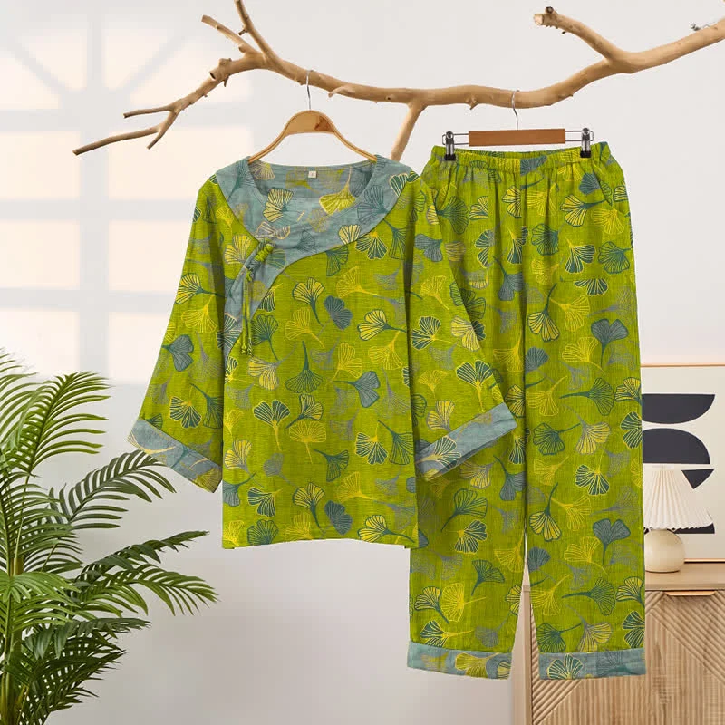 Orientalischer Ginkgoblatt-Baumwollpyjama-Set