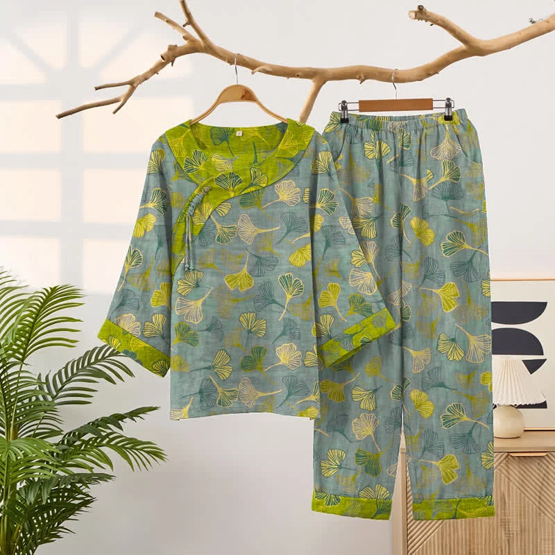 Orientalischer Ginkgoblatt-Baumwollpyjama-Set