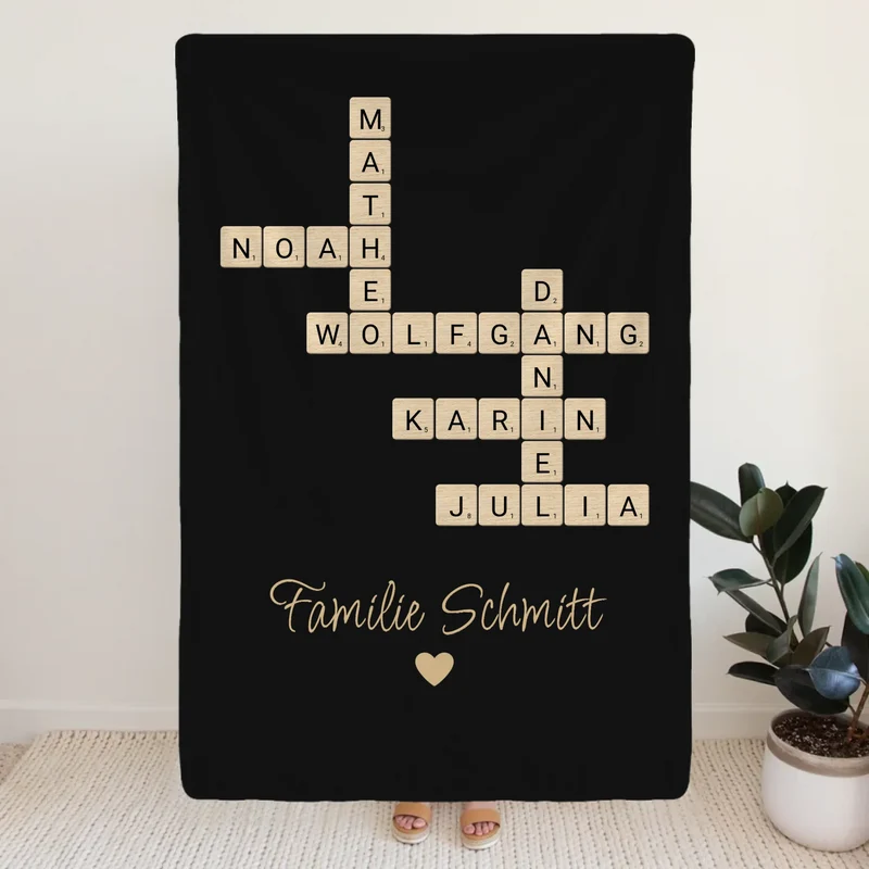 Personalisierte Decke - Kreuzworträtsel mit bis zu 25 Namen aus der Familie + Familienname