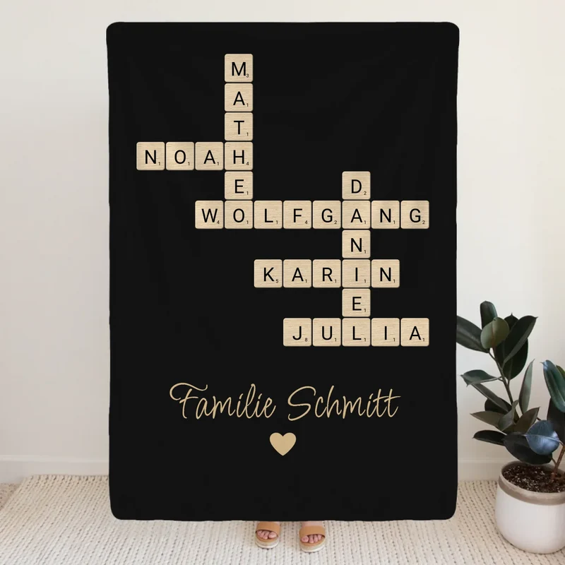 Personalisierte Decke - Kreuzworträtsel mit bis zu 25 Namen aus der Familie + Familienname