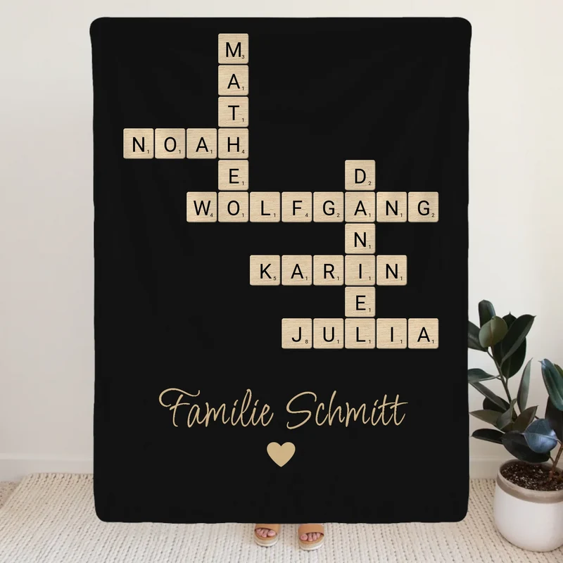 Personalisierte Decke - Kreuzworträtsel mit bis zu 25 Namen aus der Familie + Familienname