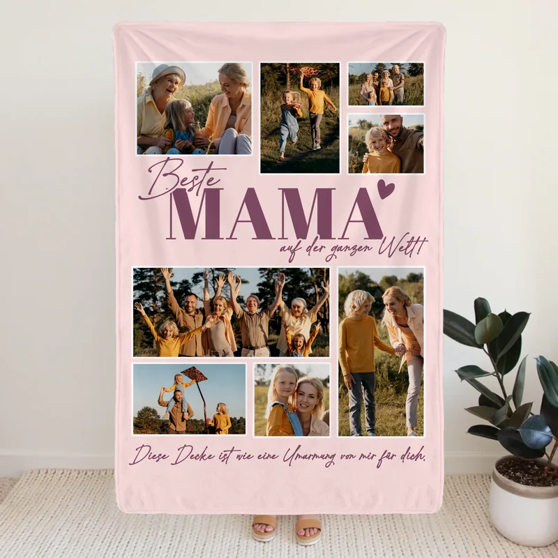 Personalisierte Decke - Beste Mama auf der ganzen Welt - Fotocollage mit 8 Bildern