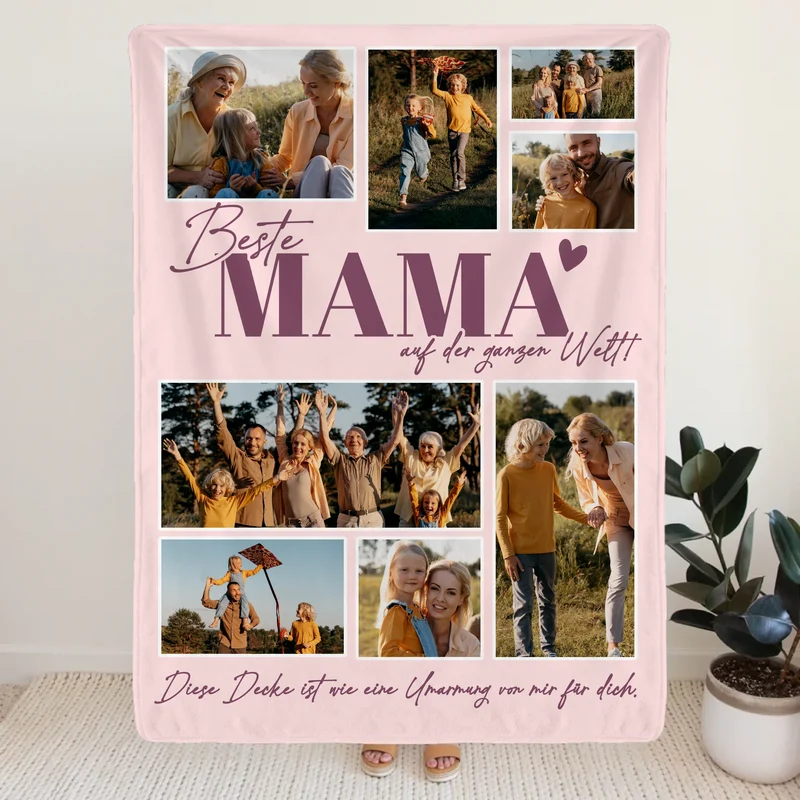 Personalisierte Decke - Beste Mama auf der ganzen Welt - Fotocollage mit 8 Bildern