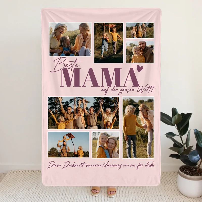 Personalisierte Decke - Beste Mama auf der ganzen Welt - Fotocollage mit 8 Bildern