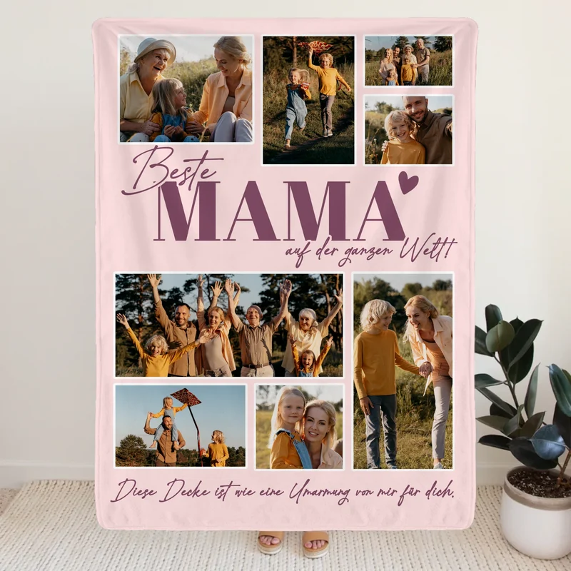 Personalisierte Decke - Beste Mama auf der ganzen Welt - Fotocollage mit 8 Bildern