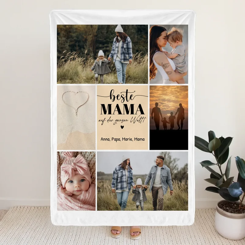 Personalisierte Decke - Beste Mama auf der ganzen Welt - Fotocollage mit 6 Bildern
